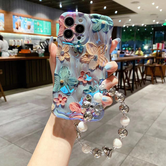 iPhone Floral Glossy Camera Protection Case With Pearl Strap