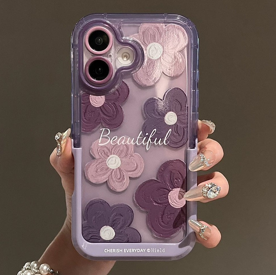 iPhone 16 Series Beautiful Purple Glossy Floral With Kickstand Case Cover