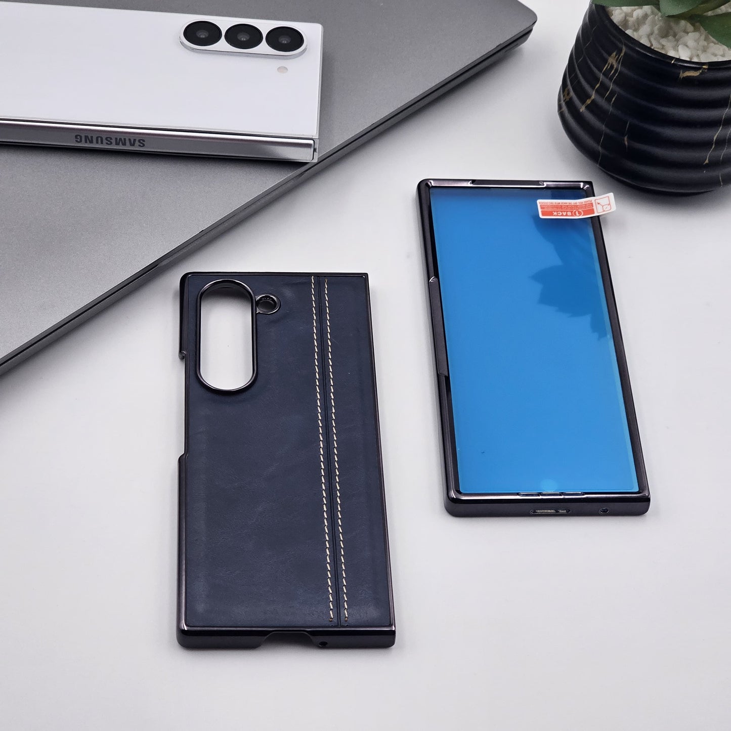 Samsung Galaxy Z Fold 6 Stitched Leather Case Front Screen Protector