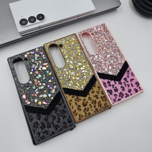 Samsung Galaxy Z Fold 6 Rhinestone Leopard Soft Fur Wristband Sling Case