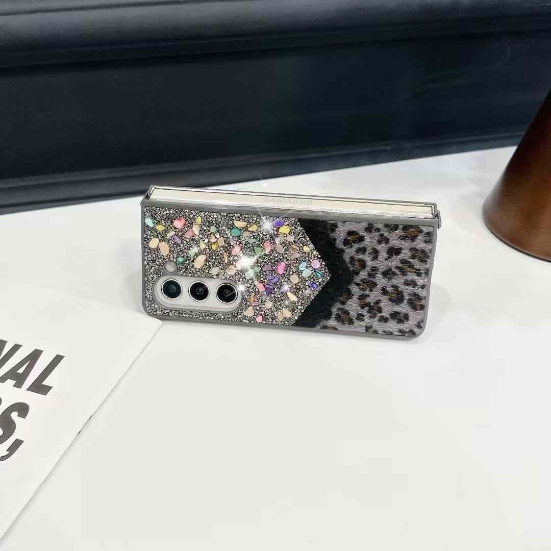 Samsung Galaxy Z Fold 6 Rhinestone Leopard Soft Fur Wristband Sling Case