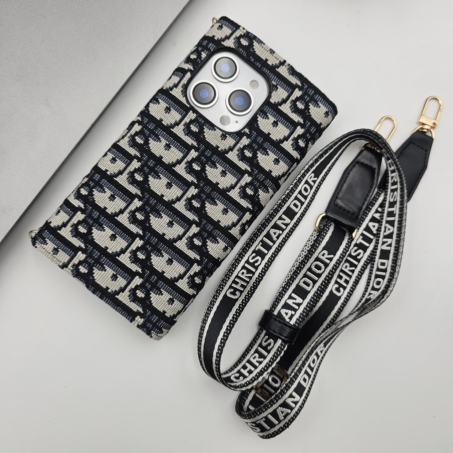Luxury Embroidery CD Cardholder Case with Crossbody Sling for iPhone