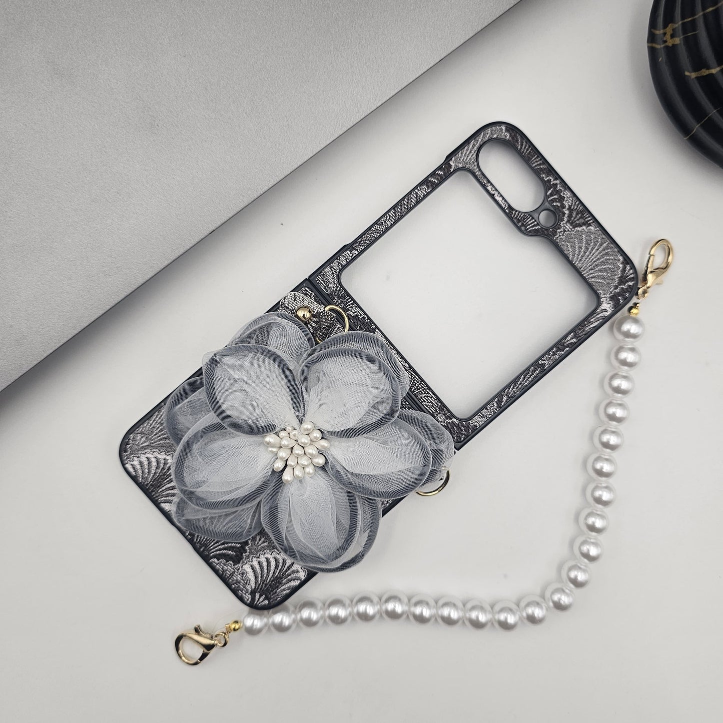 Samsung Galaxy Z Flip 6 3D Floral Case With Pearl Strap Holder