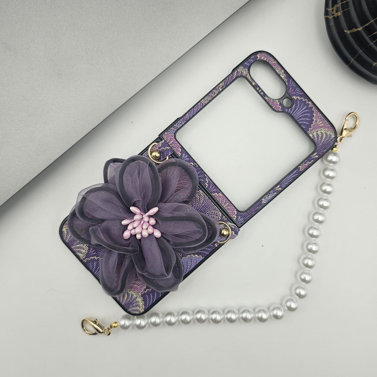 Samsung Galaxy Z Flip 6 3D Floral Case With Pearl Strap Holder