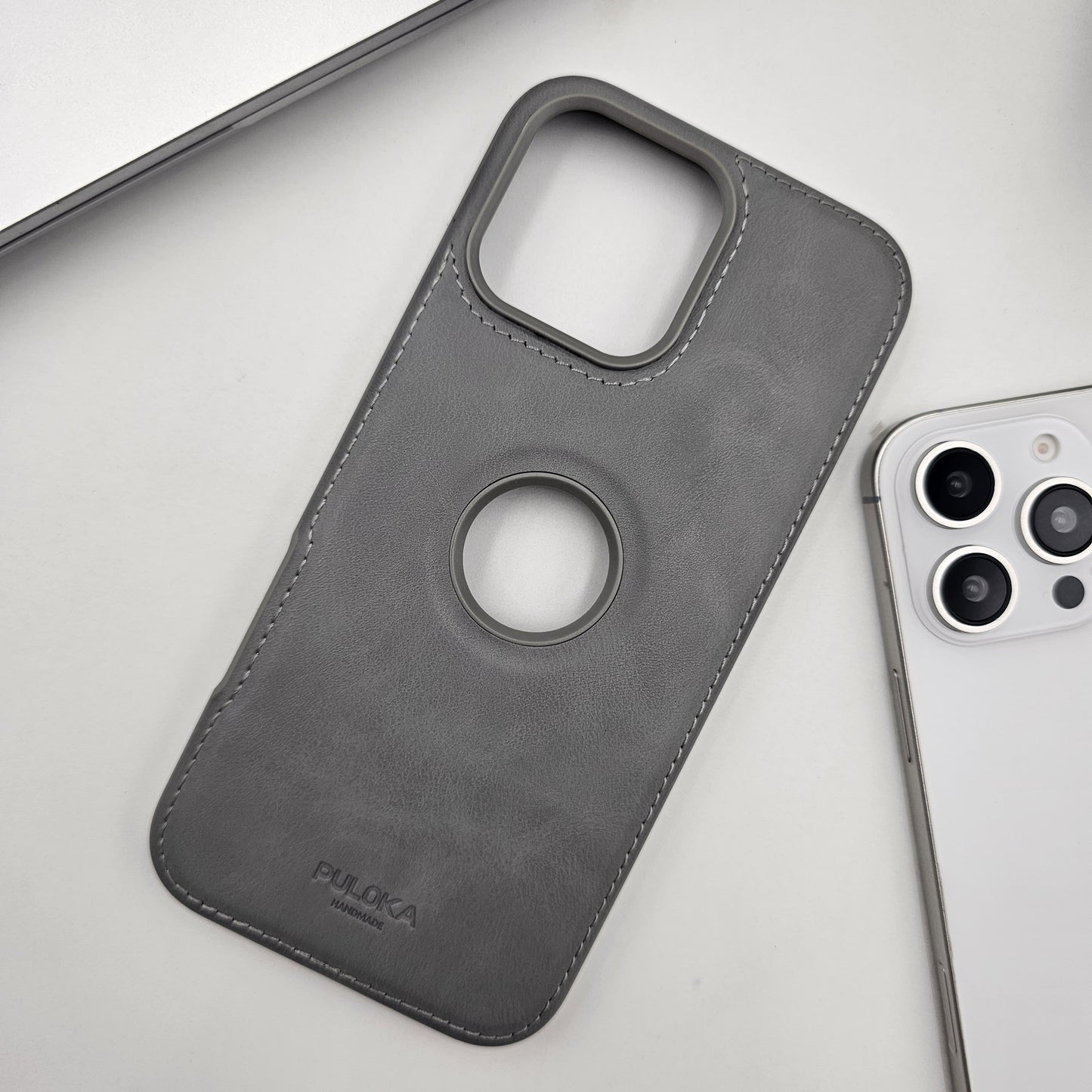 iPhone Corner Stitched Luxury Leather Logo Cut Hidden Magsafe Case