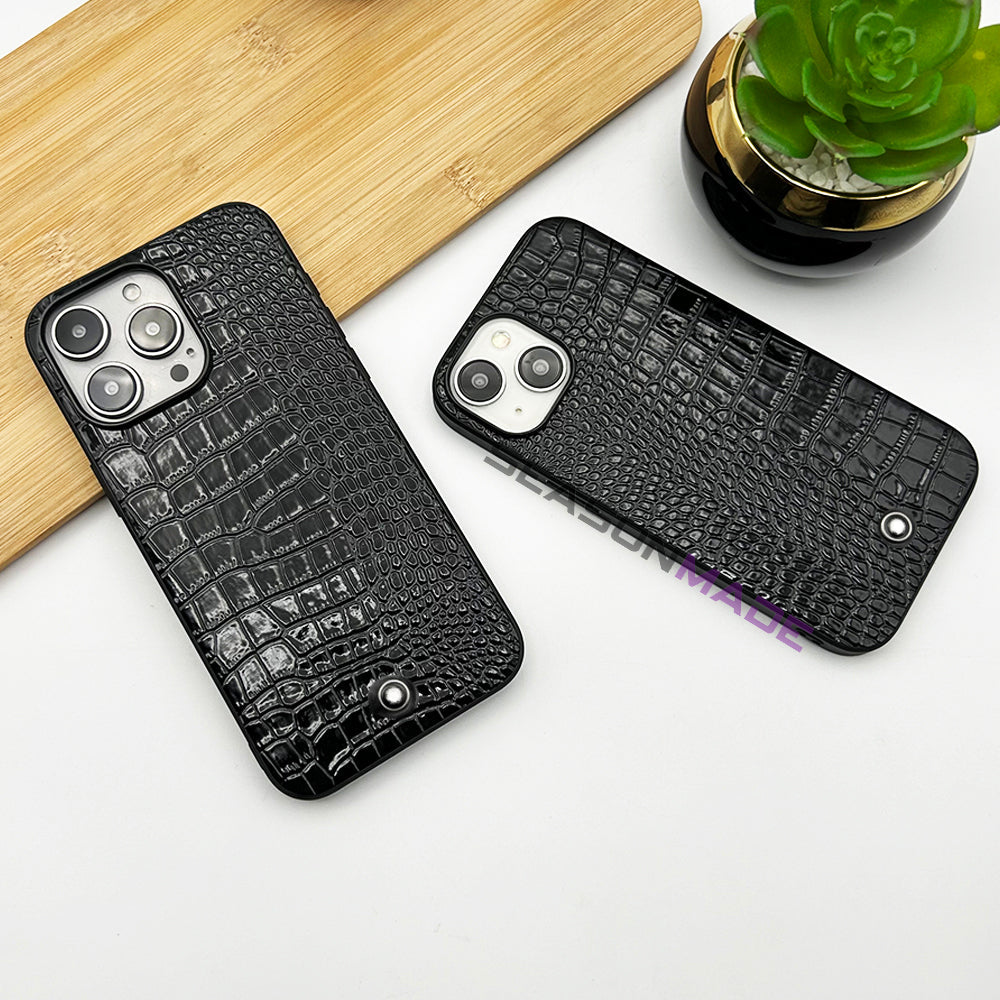 iPhone 15 Series Croc Pattern MB Logo PU Leather Case Cover