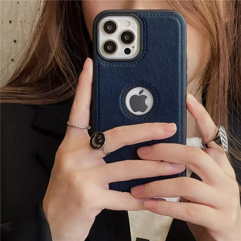 iPhone 15 Plus  Series Luxury Leather Logo Cut Back Case Cover Clearance Sale