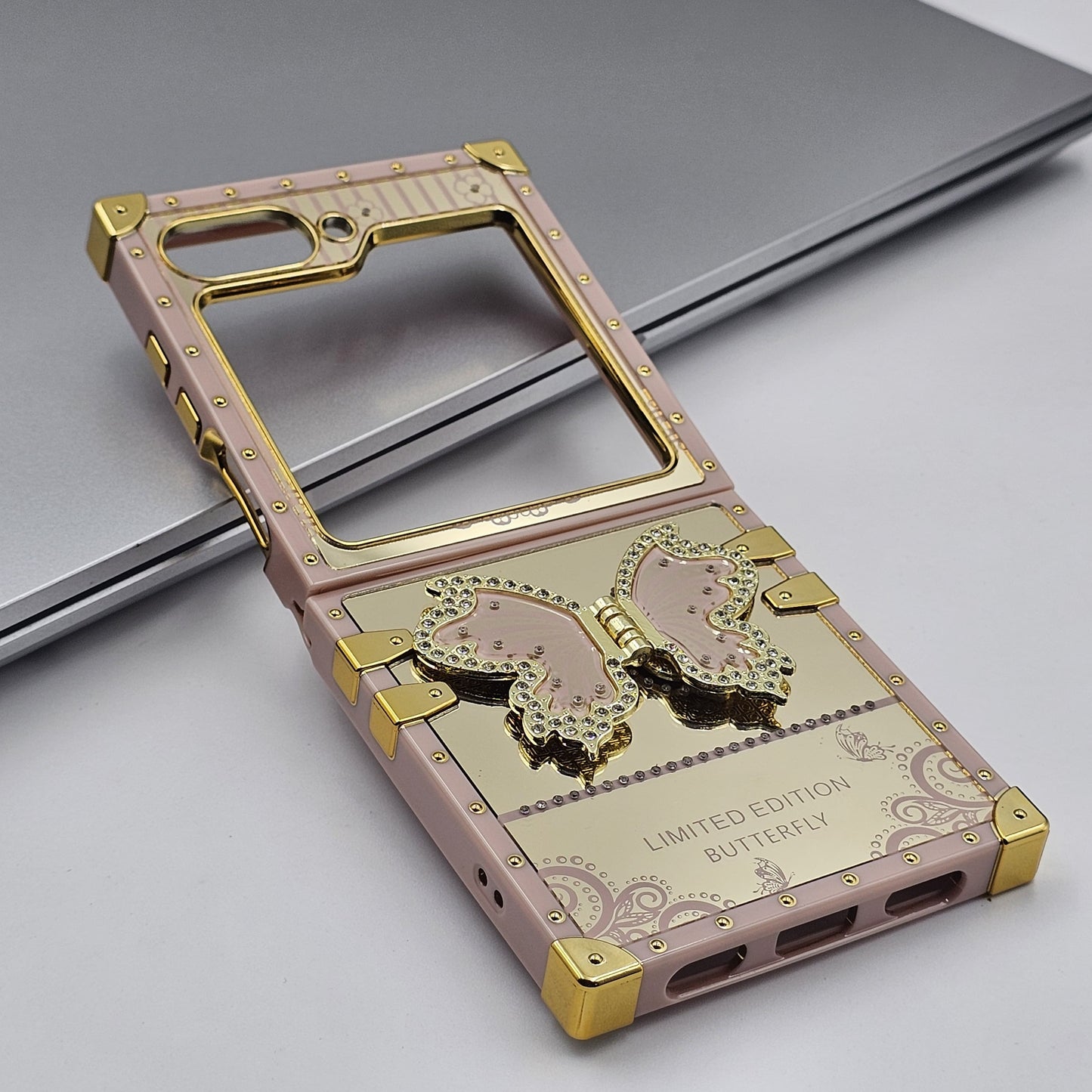 Luxury Butterfly Trunk Case for Samsung Galaxy Z Flip 7 FE | Gold Mirror Finish | Diamond Butterfly